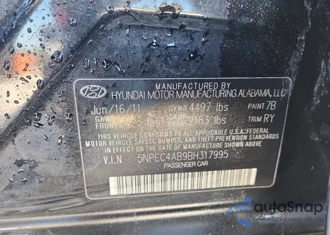 2011 Hyundai Sonata Se z USA, uszkodzony, nr VIN 5NPEC4AB9BH317995